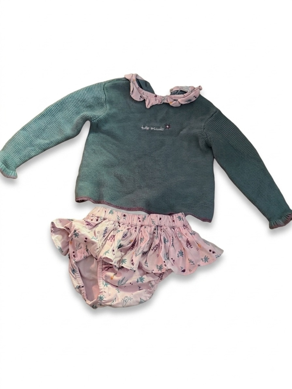 Green Knit Baby Sweater with Pink Floral Bloomer Set